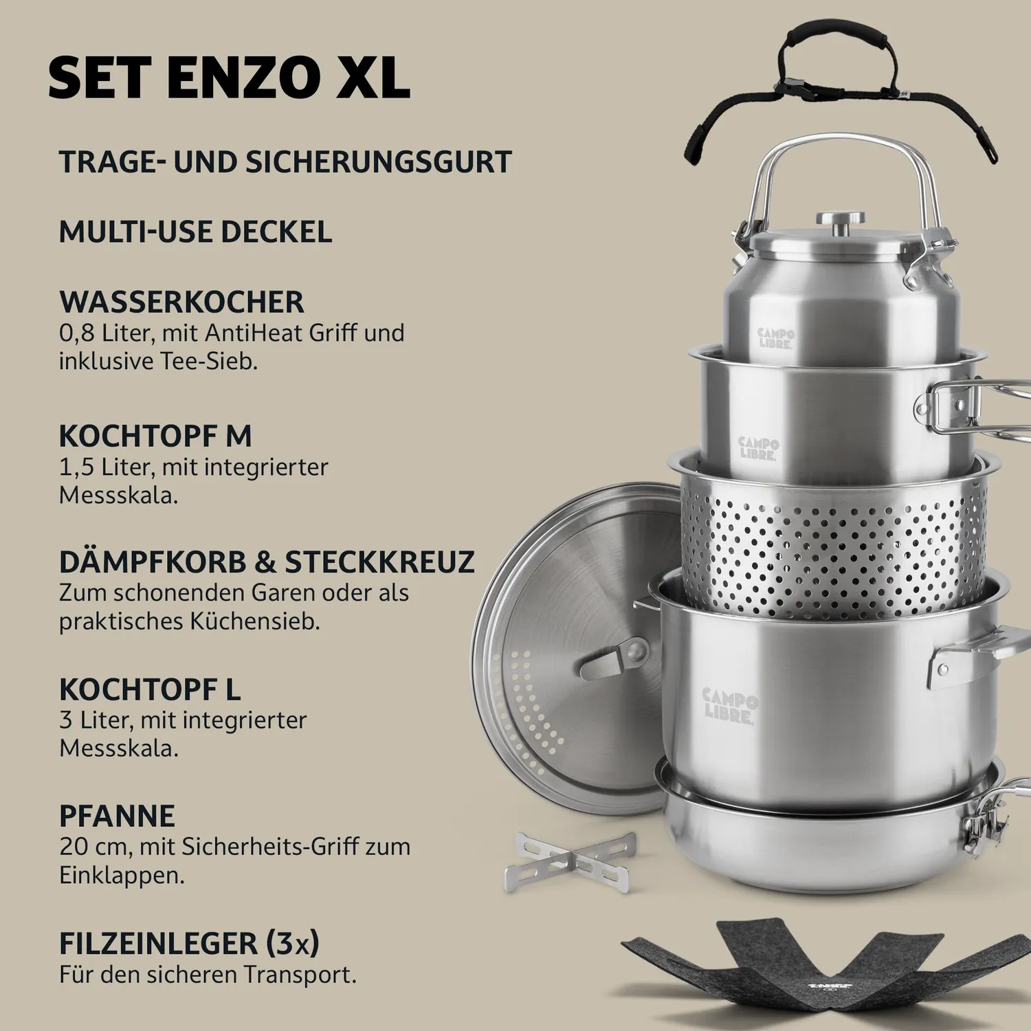 Campo Libre Enzo XL Kochgeschirr Edelstahl 7-teilig Induktion