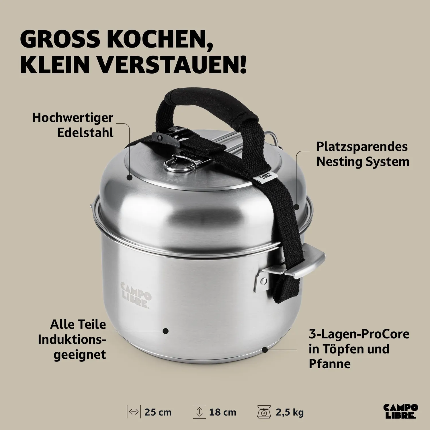Campo Libre Enzo XL Kochgeschirr Edelstahl 7-teilig Induktion