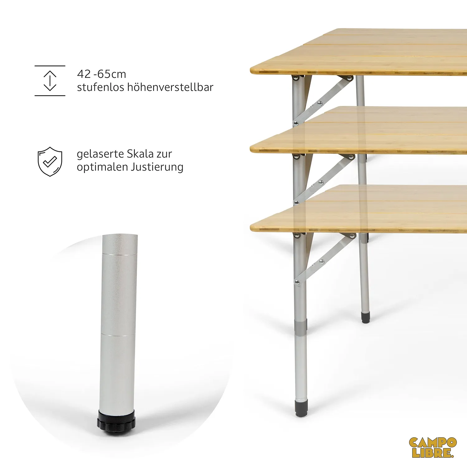 Campo Libre Lara Campingtisch Bambus höhenverstellbar 42-65 cm